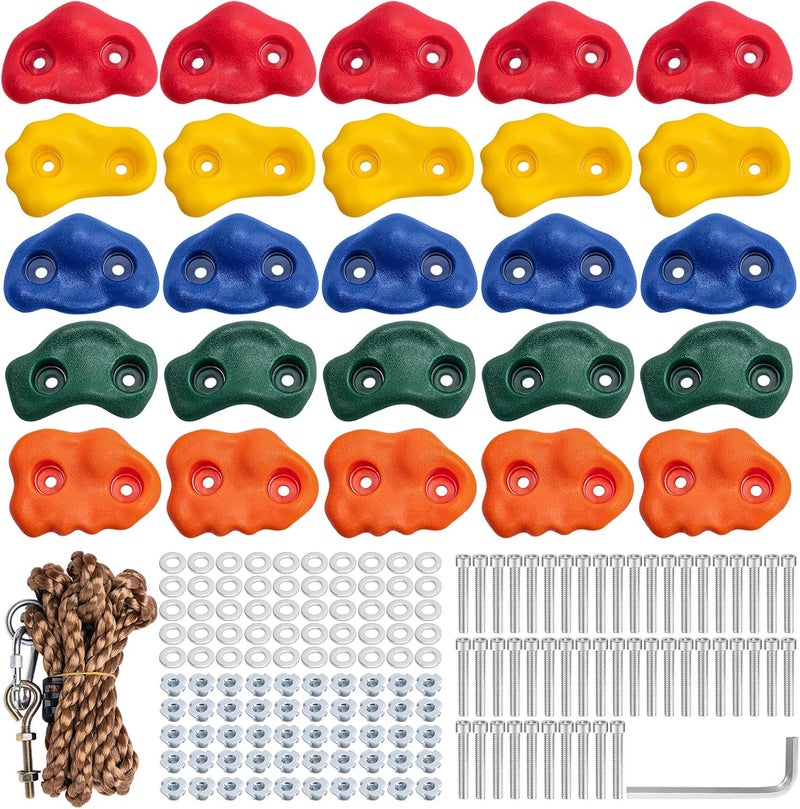 CMOOD Rock Climbing Holds, Rock Climbing Wall for Kids Rock Wall Climbing Kit for Indoor Outdoor Playground Play Set with Mounting Screws, Knotted Rope and 25 Handles - Image 1